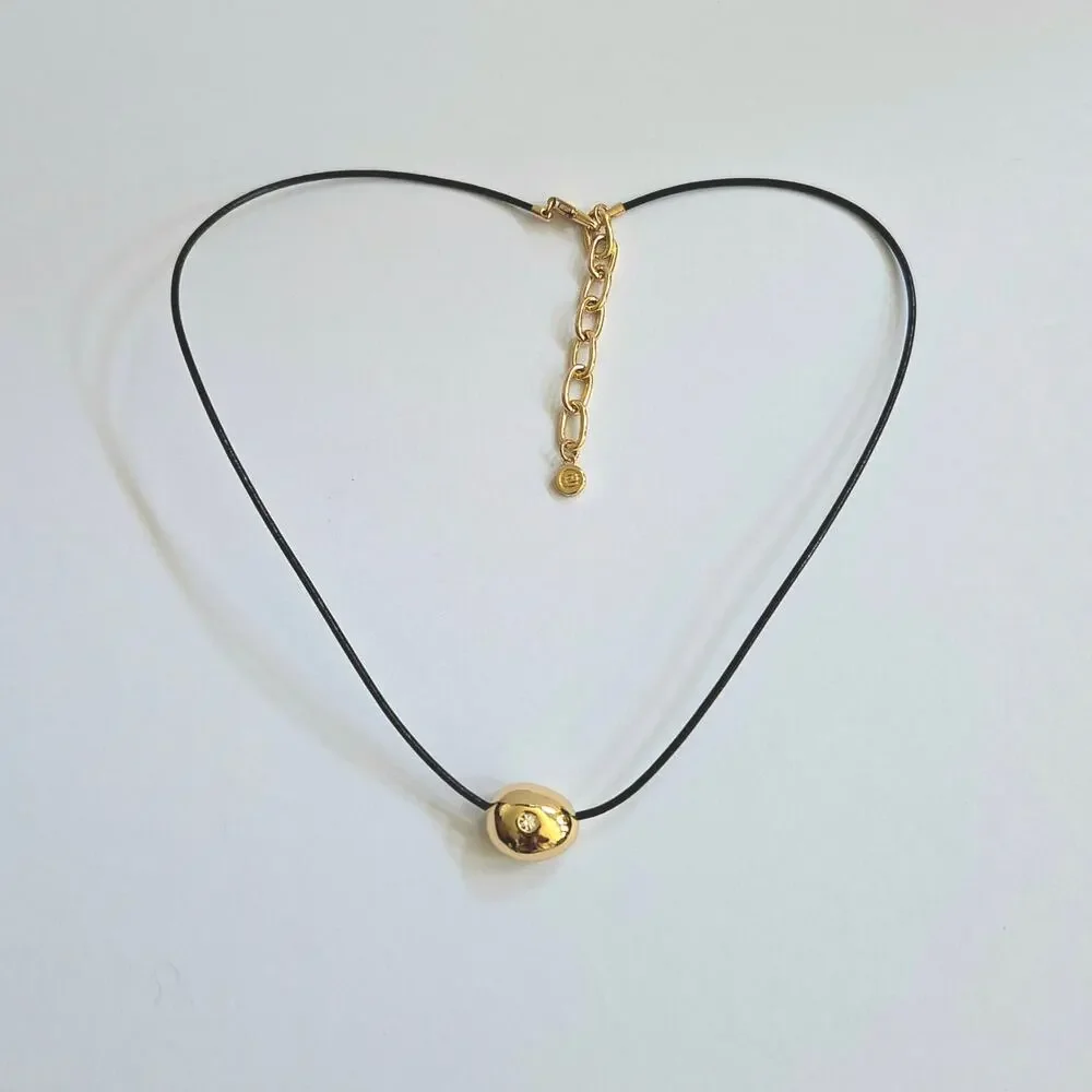 NIB Ettika Pavé Polished Pebble Leather Cord Pendant Necklace 18K Gold Plated
